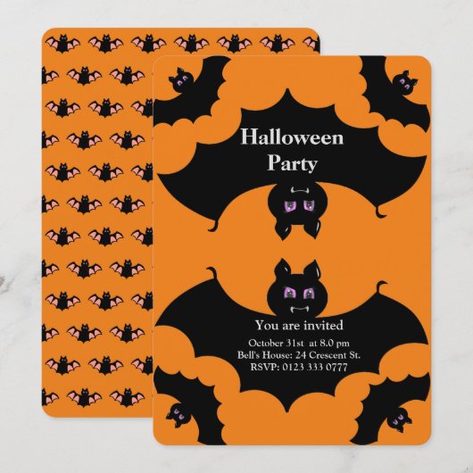 オレンジ色のハロウィン・スパイキーバット 招待状 (正面/裏面)