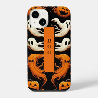 オレンジ色のハロウィン・パンプキンとゴースト・オバケのハロウィン オレンジ フランク デザイン iPhone 14ケース