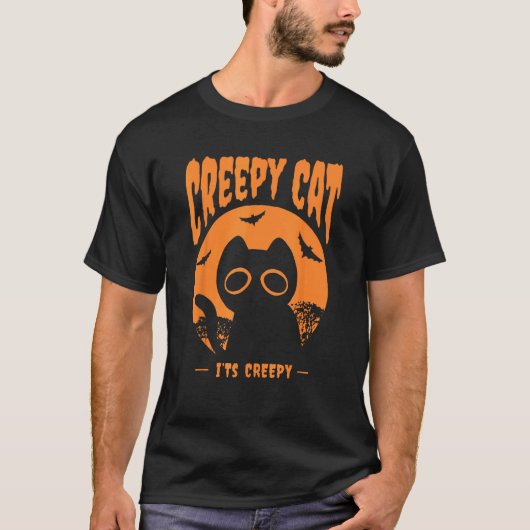 オレンジ色のハロウィン 猫 コウモリ Tシャツ (正面)