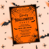 オレンジ色のハロウィーンにぴったりの蜘蛛の巣とコウモリ 招待状