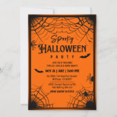 オレンジ色のハロウィーンにぴったりの蜘蛛の巣とコウモリ 招待状 (正面)