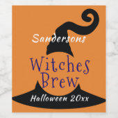 オレンジ色のハロウィーン編集可能ワイン上の黒い魔女ハット ワインラベル (シングルラベル)