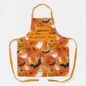 オレンジ色のハロウィーン(幽霊、カボチャ、こうもり) エプロン (正面)
