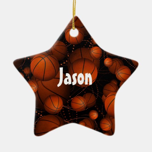 オレンジ色のバスケットボールはどこでも反射して名前の黒 セラミックオーナメント (正面)
