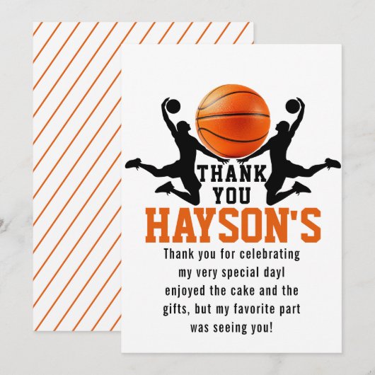 オレンジ色のバスケットボール 少年の5歳誕生日パーティー サンキューカード (正面/裏面)