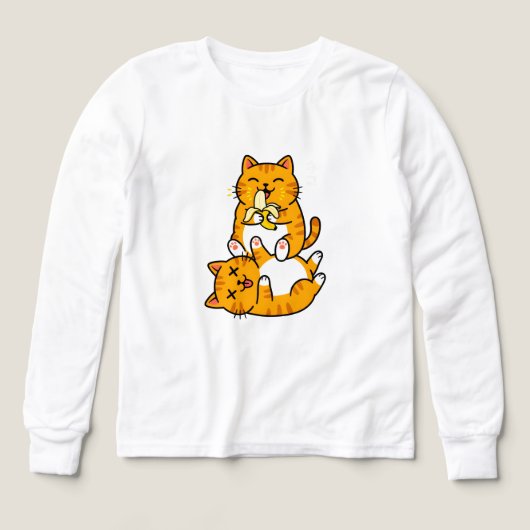 オレンジ色のバナナを食べる面白い猫 ネコのかわいいキャラクター (デザイン正面)