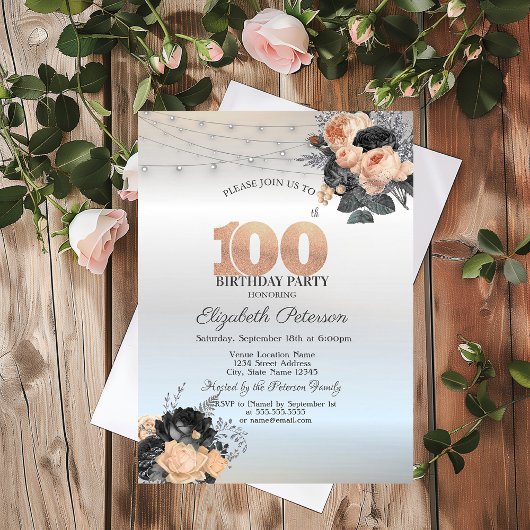オレンジ色のバラのストリングライト 銀 100歳の誕生日 招待状