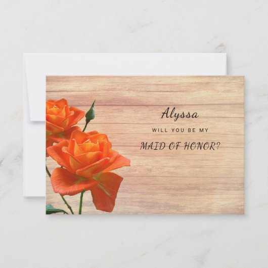 オレンジ色のバラの木製の名誉のメイド カード (正面)