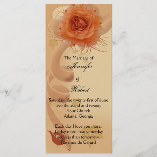 オレンジ色のバラの秋の結婚式 プログラム (正面)