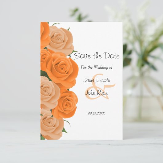 オレンジ色のバラ付き白いドット – 日付を保存 セーブザデート (スタンド正面)