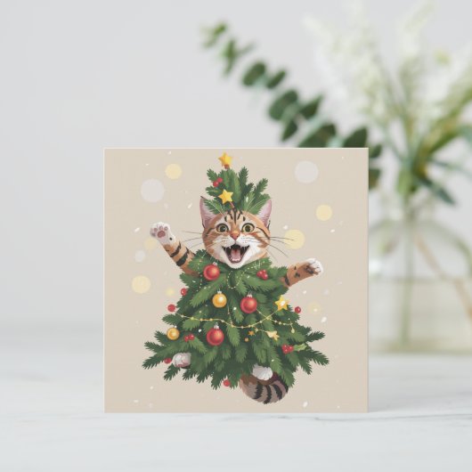 オレンジ色のヒゲ猫のクリスマスツリーがかわいい シーズンカード (スタンド正面)