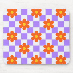 オレンジ色のヒッピーの花の紫色のチェックパターン マウスパッド