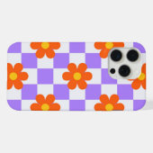 オレンジ色のヒッピーの花の紫色のチェックパターン iPhoneケース (裏面横)