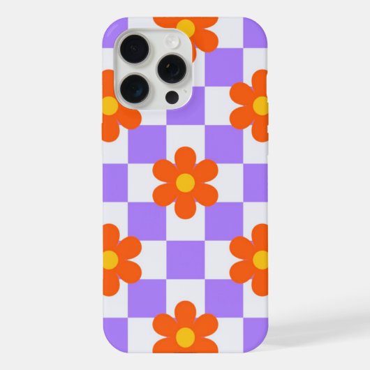 オレンジ色のヒッピーの花の紫色のチェックパターン iPhoneケース (裏面)