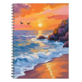 オレンジ色のビーチの夕焼け | 海岸の絵画 ノートブック