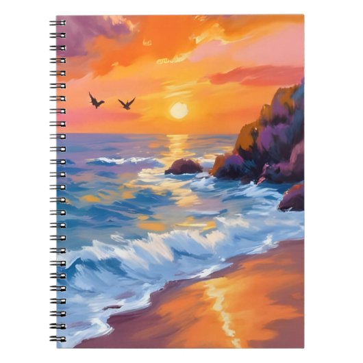 オレンジ色のビーチの夕焼け | 海岸の絵画 ノートブック (正面)