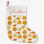 オレンジ色のビーチシェルパターン|名前の追加 スモールクリスマスストッキング (正面)