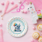 オレンジ色のピクセルアートロボットとティール（緑がかった色）誕生日 ペーパープレート (パーティー)