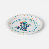 オレンジ色のピクセルアートロボットとティール（緑がかった色）誕生日 ペーパープレート (アングル)