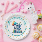 オレンジ色のピクセルアートロボットとティール（緑がかった色）誕生日 ペーパープレート (パーティー)