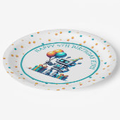 オレンジ色のピクセルアートロボットとティール（緑がかった色）誕生日 ペーパープレート (アングル)