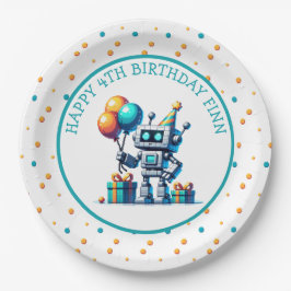 オレンジ色のピクセルアートロボットとティール（緑がかった色）誕生日 ペーパープレート