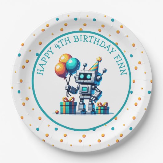 オレンジ色のピクセルアートロボットとティール（緑がかった色）誕生日 ペーパープレート (正面)