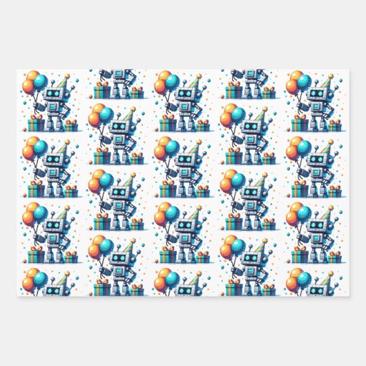 オレンジ色のピクセルアートロボットとティール(緑がかった色)誕生日 ラッピングペーパーシート (正面)