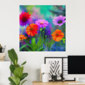 オレンジ色のピンクと紫の花AIアート ポスター (ホームオフィス)