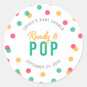 オレンジ色のピンクのティール(緑がかった色)紙吹雪が赤ちゃんポップ・アートののシャワー準備 ラウンドシール (正面)