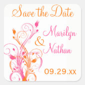 オレンジ色のピンクの白フローラ1.5インチ結婚のステッカー スクエアシール (正面)