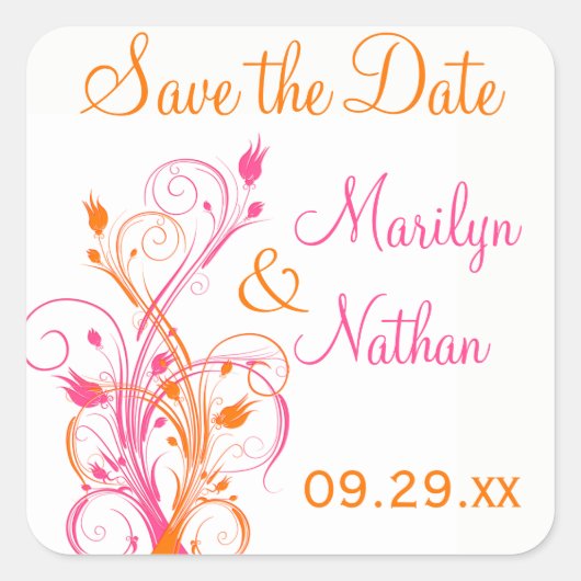 オレンジ色のピンクの白フローラ1.5インチ結婚のステッカー スクエアシール (正面)