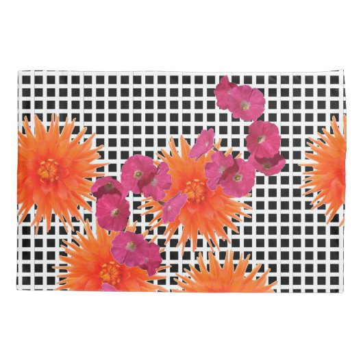 オレンジ色のピンクの花B/W枕カバーのチェックペア 枕カバー (裏面-左)