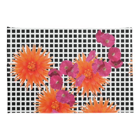 オレンジ色のピンクの花B/W枕カバーのチェックペア 枕カバー (裏面-右)