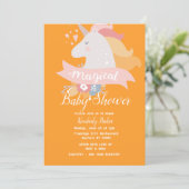 オレンジ色のピンクの魔法のユニコーンフローラ赤ちゃんシャワー 招待状 (スタンド正面)