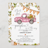 オレンジ色のピンクカボチャのトラックとハートベビーシャワー 招待状 (正面/裏面)