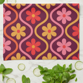 オレンジ色のピンク色の花をレトロ染め キッチンタオル