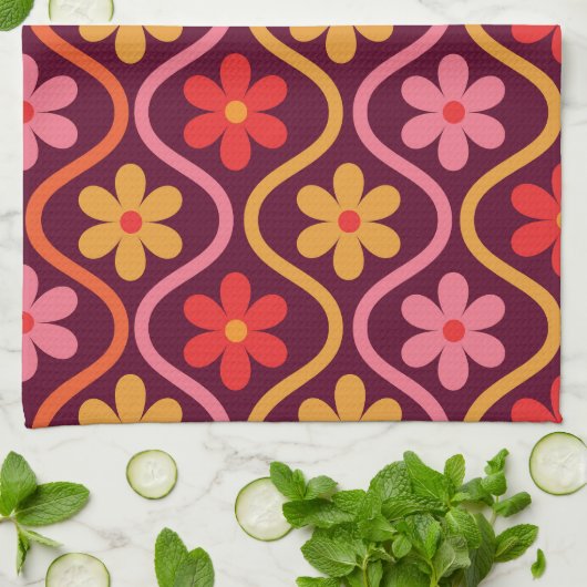 オレンジ色のピンク色の花をレトロ染め キッチンタオル (折り畳み)