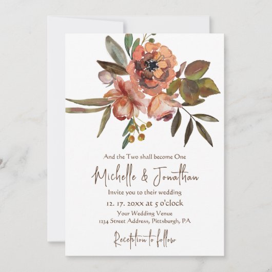 オレンジ色のピンク色の花クリスチャン結婚ズ 招待状 (正面)