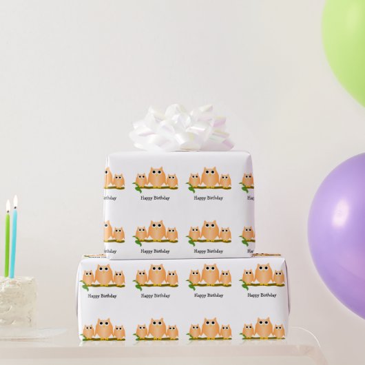 オレンジ色のフクロウのデザインの誕生日ギフト ラッピングペーパー (パーティーギフト)