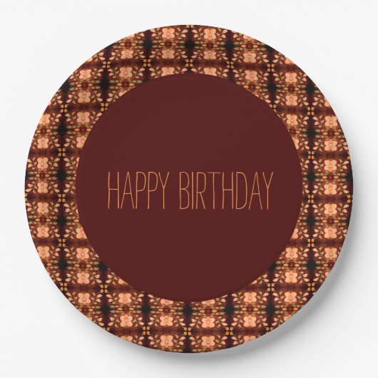 オレンジ色のフローラパターン（の模様が）ある紙誕生日プレート ペーパープレート (正面)