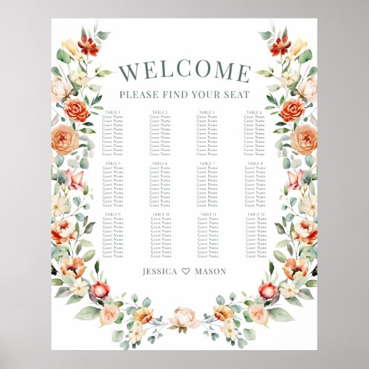 オレンジ色のフローラリース庭園の結婚式の座席表 ポスター (正面)
