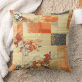 オレンジ色のフローラヴィンテージ日本のの着物パッチワーク クッション (ブランケット)