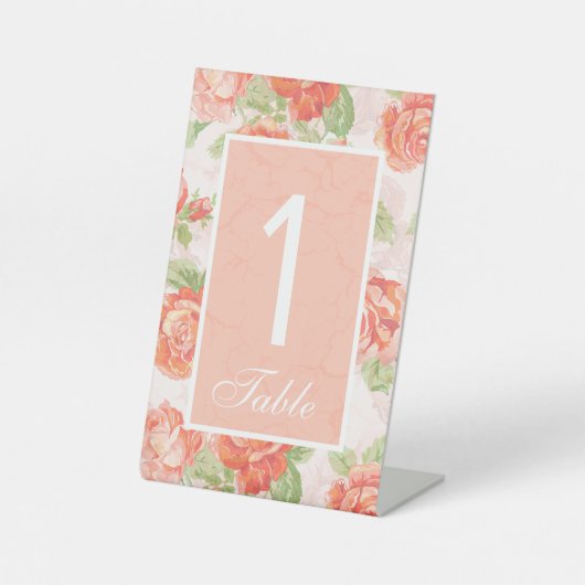 オレンジ色のフローラ結婚バラのテーブル番号記号 台座サイン (正面)