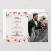 オレンジ色のフローラ結婚式招待状と写真 招待状 (正面/裏面)