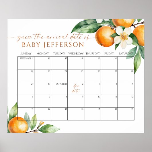 オレンジ色のフローラ赤ちゃんシャワー推定期日カレンダー ポスター (正面)