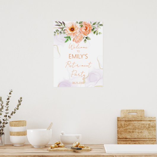オレンジ色のフローラ退職パーティーウェルカムサイン ポスター (キッチン)