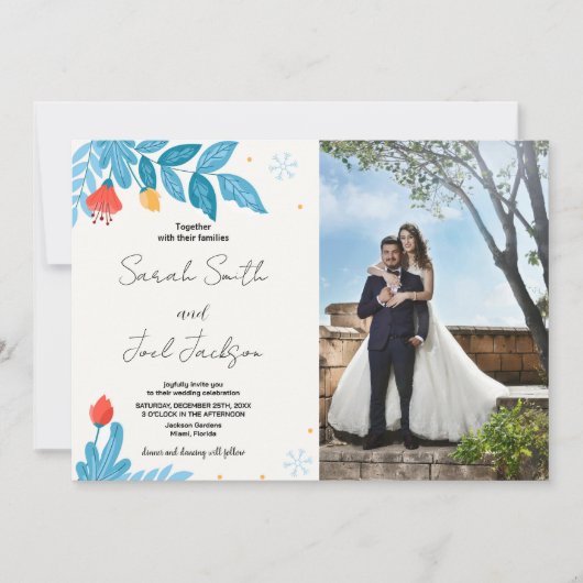 オレンジ色のフローラ雪の結婚式招待状と写真 招待状 (正面)