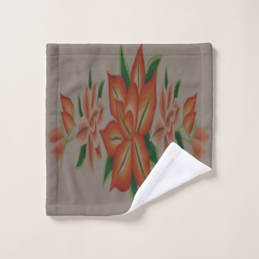 オレンジ色のフローラ(灰色と砂色) バスタオルセット (ウォッシュタオル)