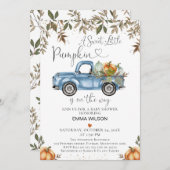 オレンジ色のブルーパンプキントラックとハートベビーシャワー 招待状 (正面/裏面)